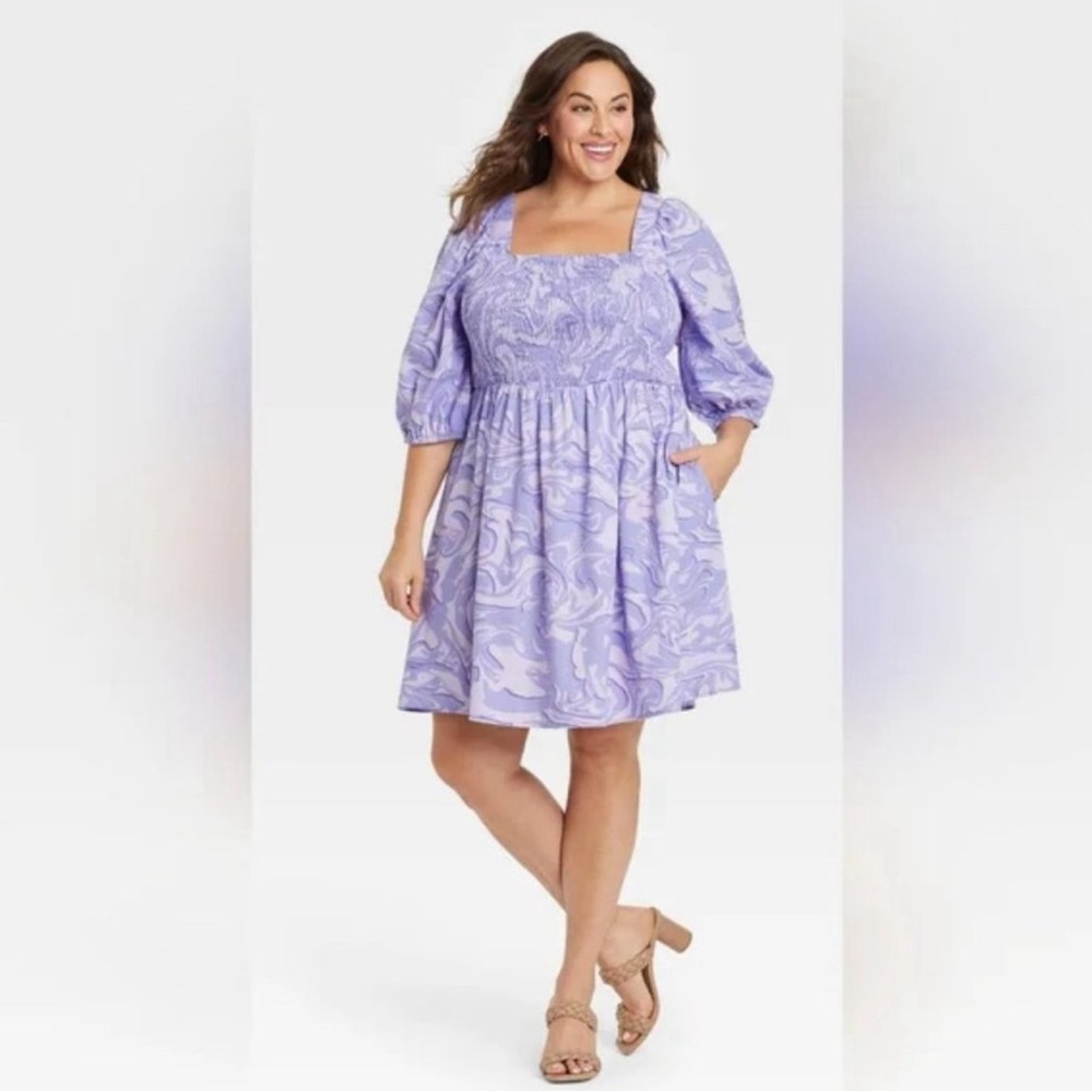 Ava & Viv Square Neck Purple Swirl Puff Sleeve Mini Dress New Plus Size 3X